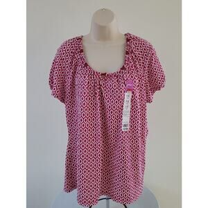 JUST MY SIZE Women's Red/White Print, Knot Scoop Neck Top/T-Shirt--Sz 1X/16W